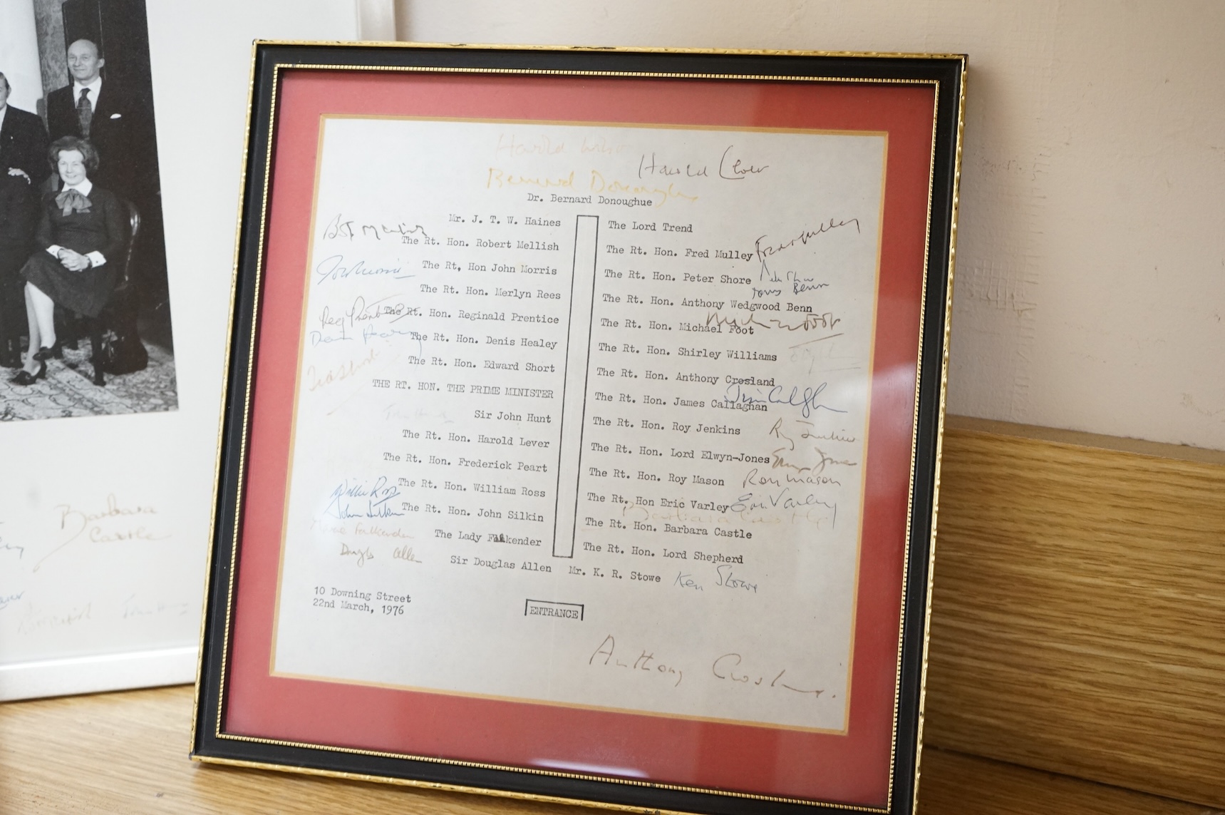 The Cabinet, March 1974, black and white photograph, signed by all The Sitters, (Harold Wilson’s government), seating plan and other photograph 45 x 52cm, and 1976 signed seating